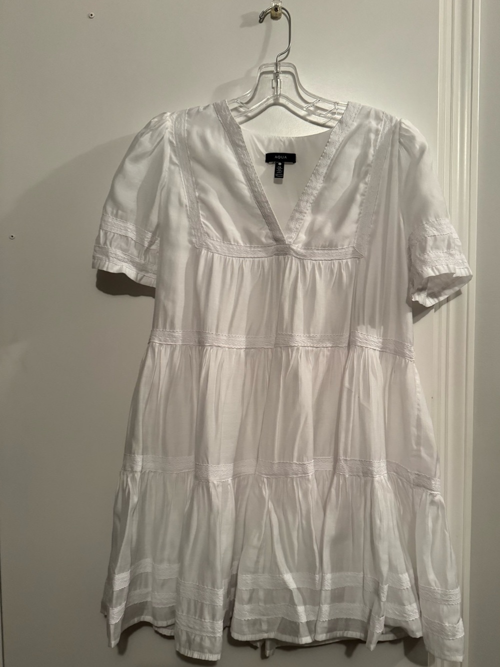 Aqua White V-Neck Tiered Dress with Lace Trim